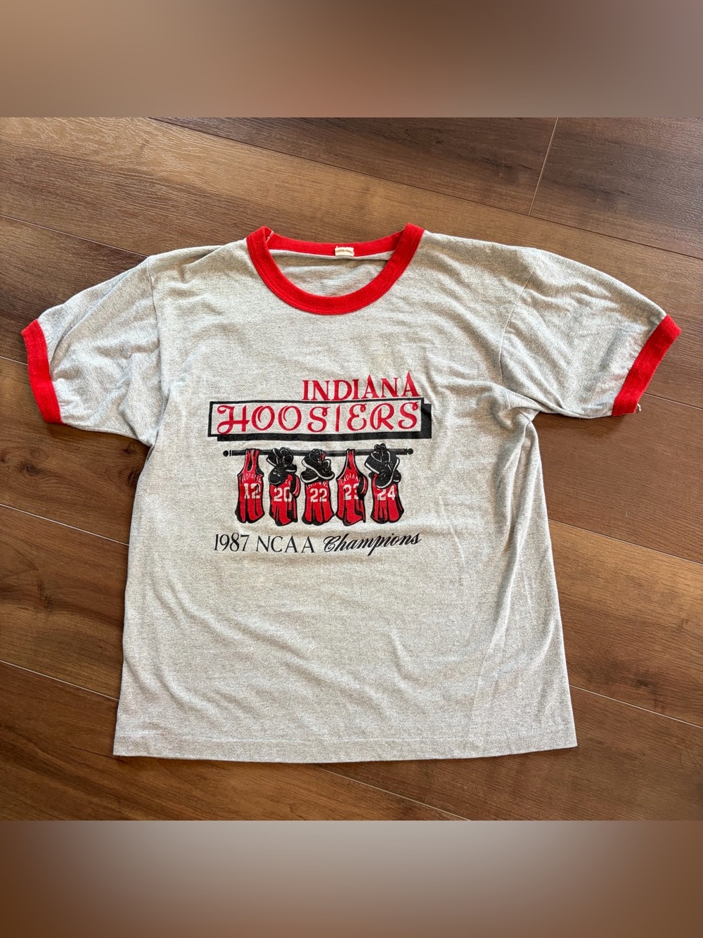 Vintage 80s 1987 Indiana Hoosiers NCAA Champions Basketball Ringer Tshirt